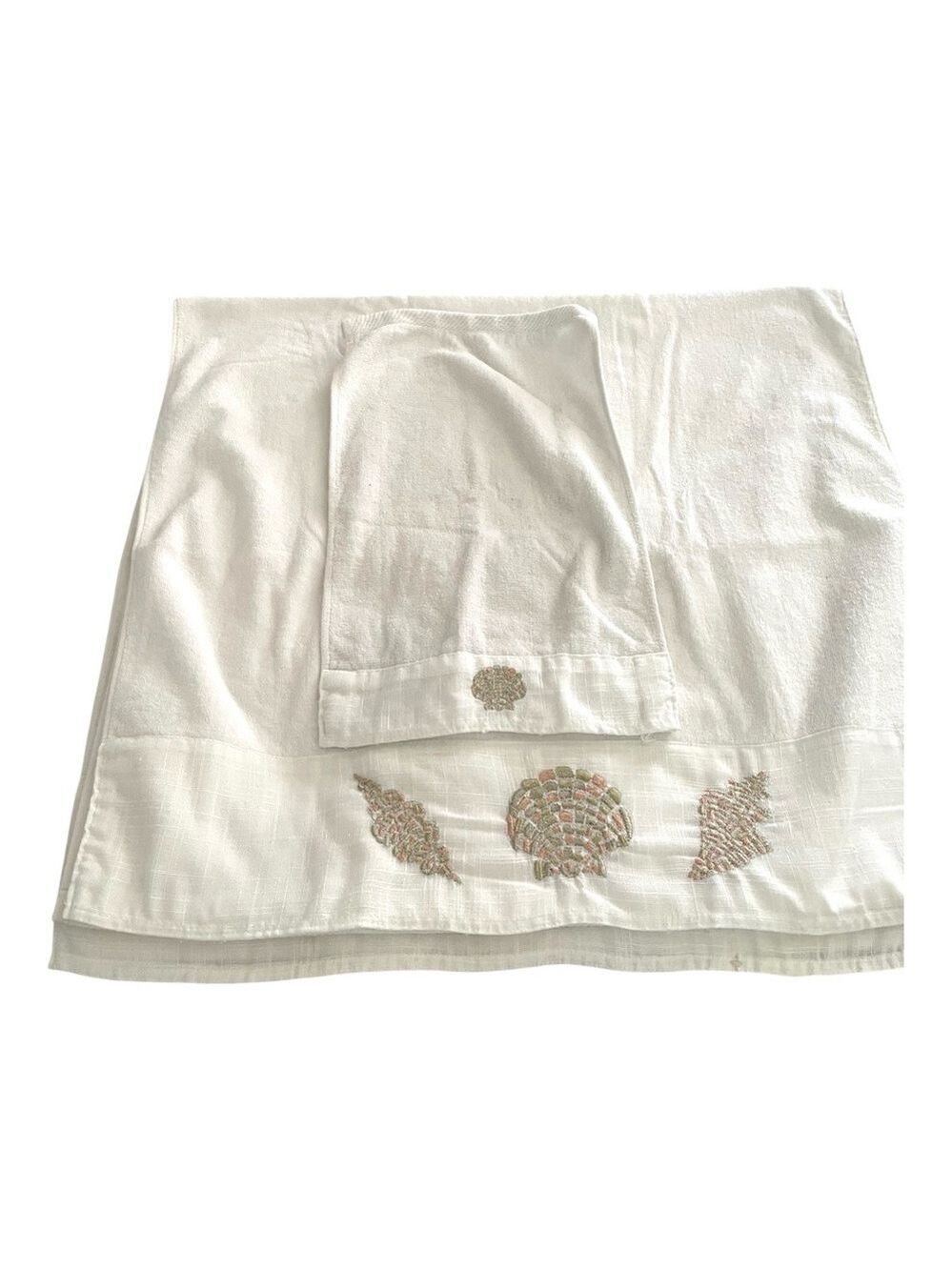 Three Piece Croscill 100% Corron White Embroidered Shells Bath Towel Set